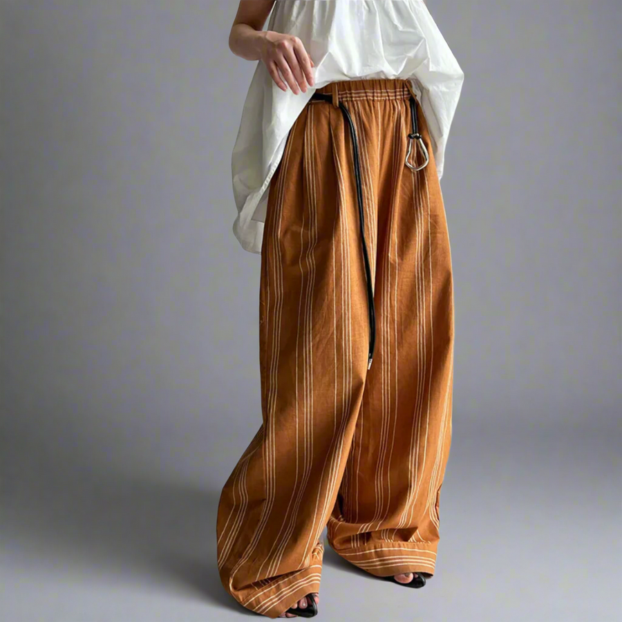 Striped Wide-Leg Belted Trousers – High Waist Relaxed Fit in Rust Brown-SimpleModerne