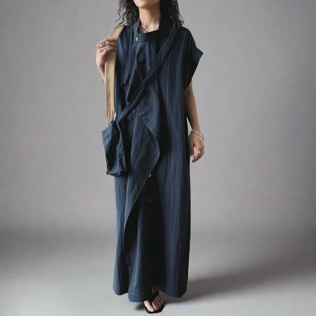 Asymmetrical Button-Up Maxi Dress with Detachable Belt Bag – Minimalist Black Layered Look-SimpleModerne