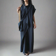 Asymmetrical Button-Up Maxi Dress with Detachable Belt Bag – Minimalist Black Layered Look-SimpleModerne