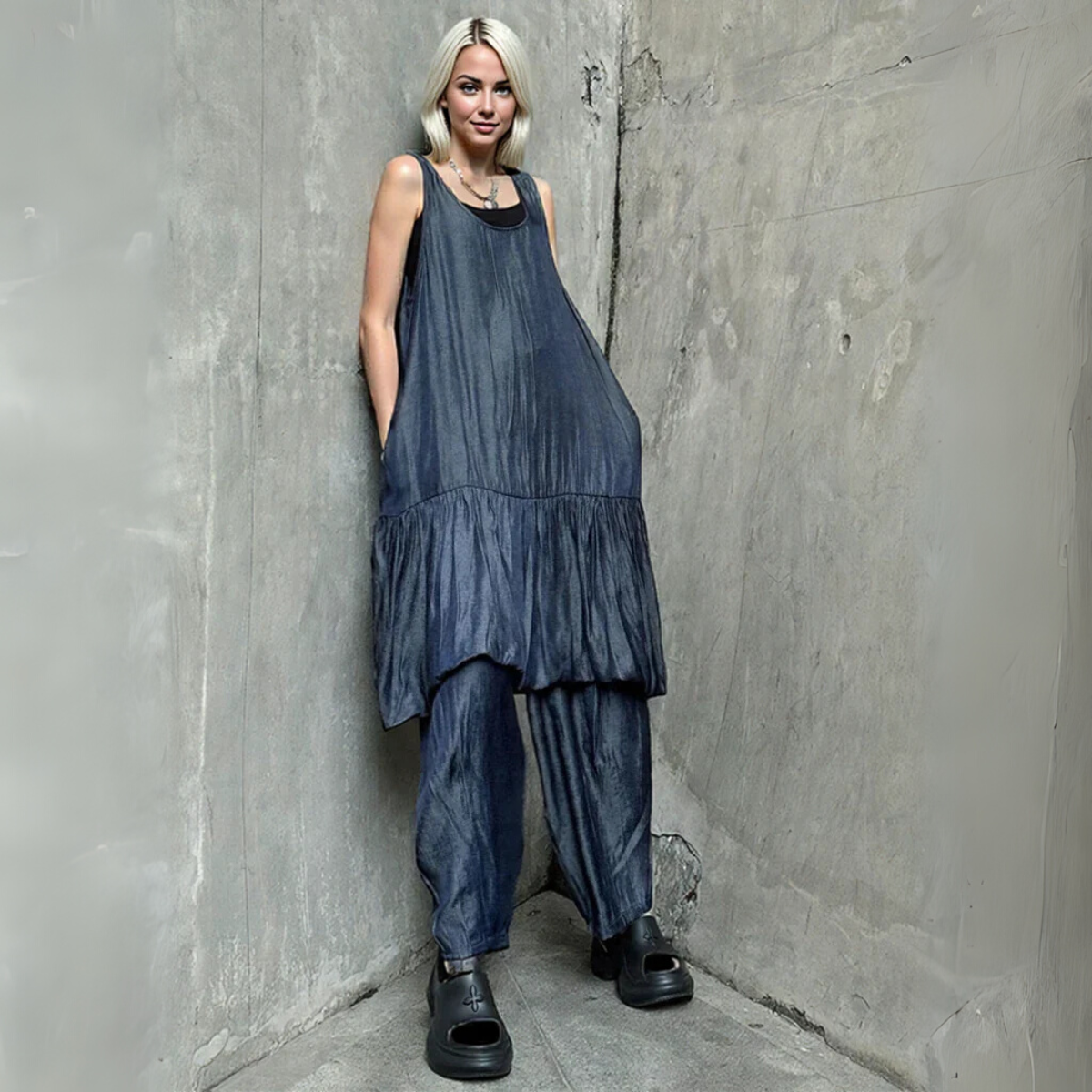 Textured Sleeveless Bubble-Hem Dress – Layered Look in Ink Blue-SimpleModerne