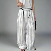 White Striped Wide-Leg Trousers – Cotton Linen Blend with Belt Detail-SimpleModerne