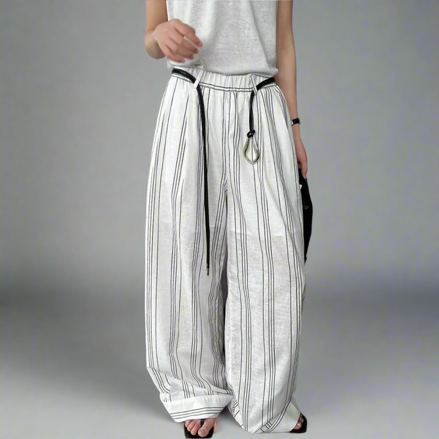 White Striped Wide-Leg Trousers – Cotton Linen Blend with Belt Detail-SimpleModerne
