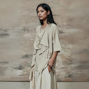 Draped Layered Split-Front Top – Relaxed Fit in Gray, Beige & Brown-SimpleModerne