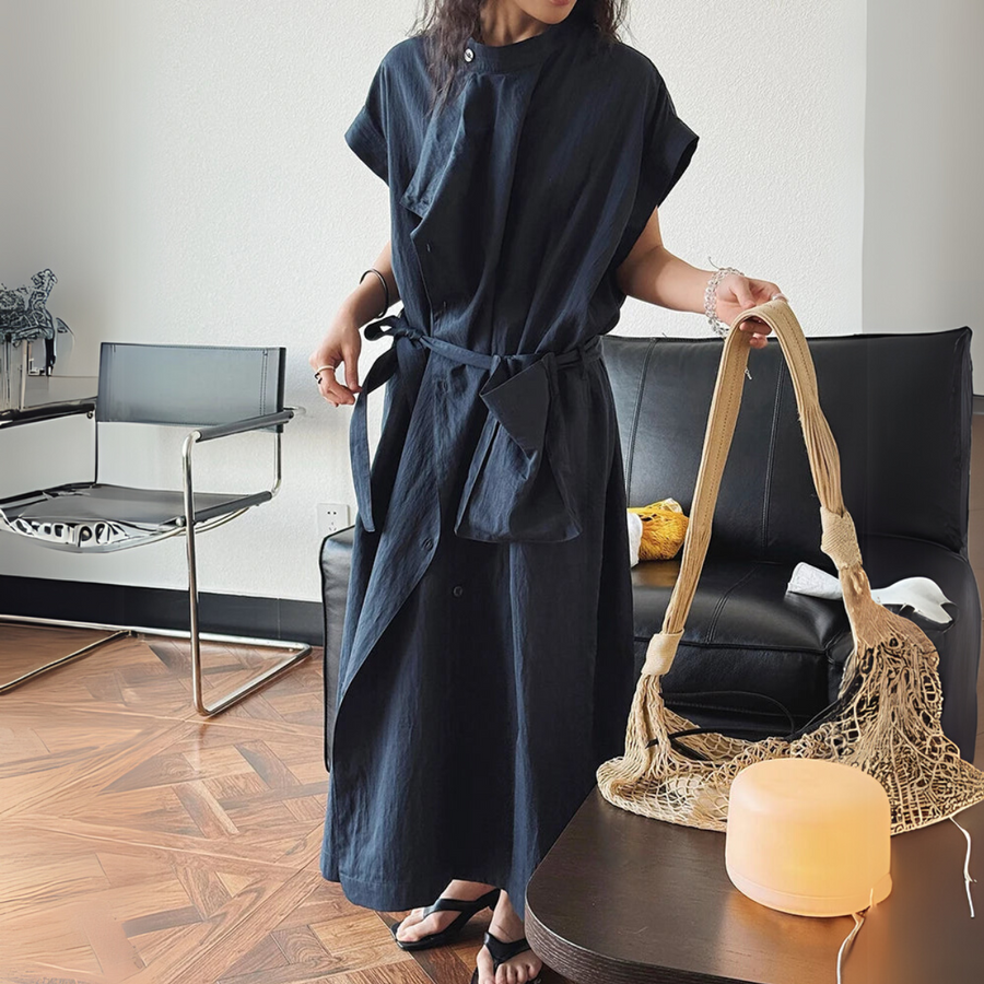 Asymmetrical Button-Up Maxi Dress with Detachable Belt Bag – Minimalist Black Layered Look-SimpleModerne