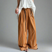 Striped Wide-Leg Belted Trousers – High Waist Relaxed Fit in Rust Brown-SimpleModerne