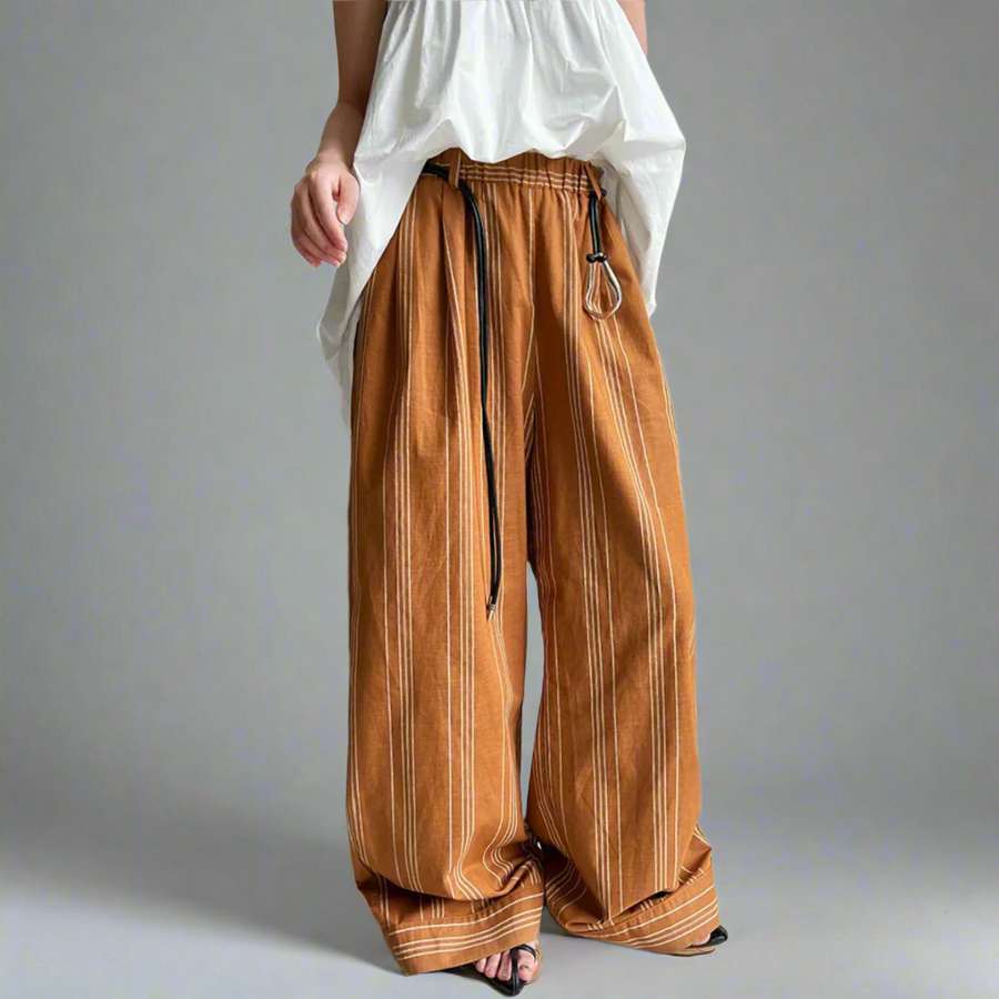 Striped Wide-Leg Belted Trousers – High Waist Relaxed Fit in Rust Brown-SimpleModerne