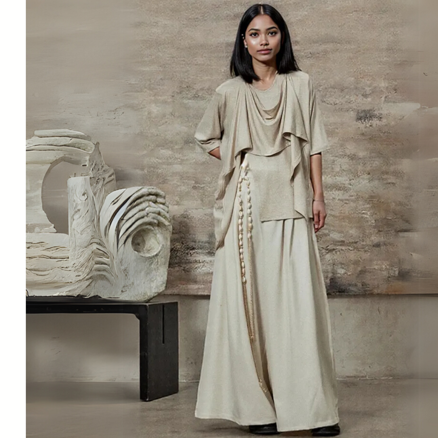 Draped Layered Split-Front Top – Relaxed Fit in Gray, Beige & Brown-SimpleModerne