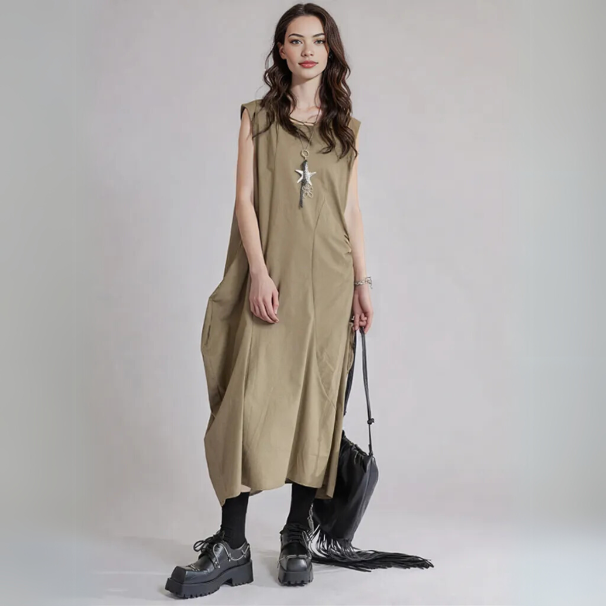 Sleeveless Khaki Cargo Maxi Dress with Pockets – Minimal Utility Style-SimpleModerne