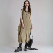 Sleeveless Khaki Cargo Maxi Dress with Pockets – Minimal Utility Style-SimpleModerne