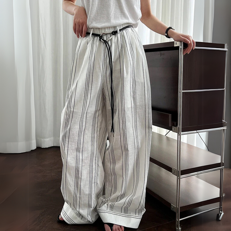 White Striped Wide-Leg Trousers – Cotton Linen Blend with Belt Detail-SimpleModerne