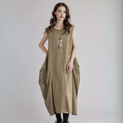 Sleeveless Khaki Cargo Maxi Dress with Pockets – Minimal Utility Style-SimpleModerne