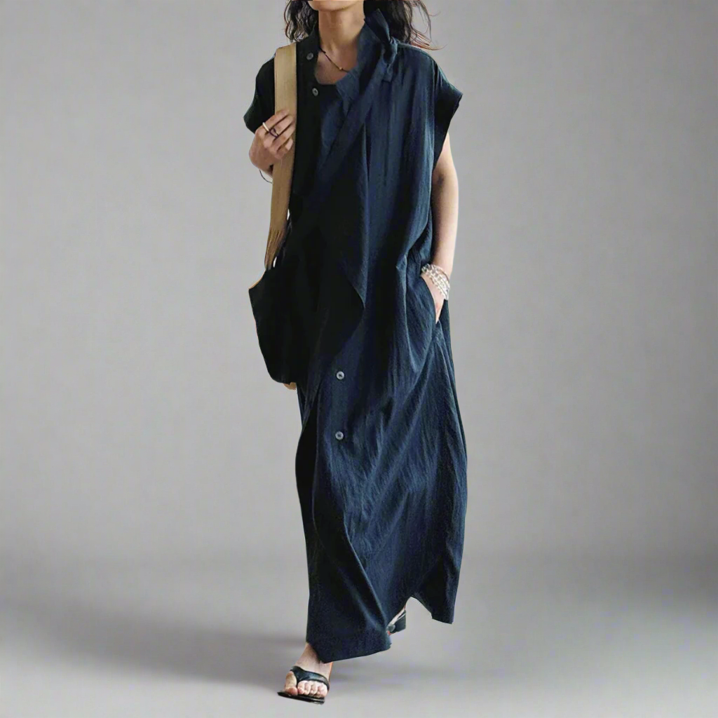 Asymmetrical Button-Up Maxi Dress with Detachable Belt Bag – Minimalist Black Layered Look-SimpleModerne