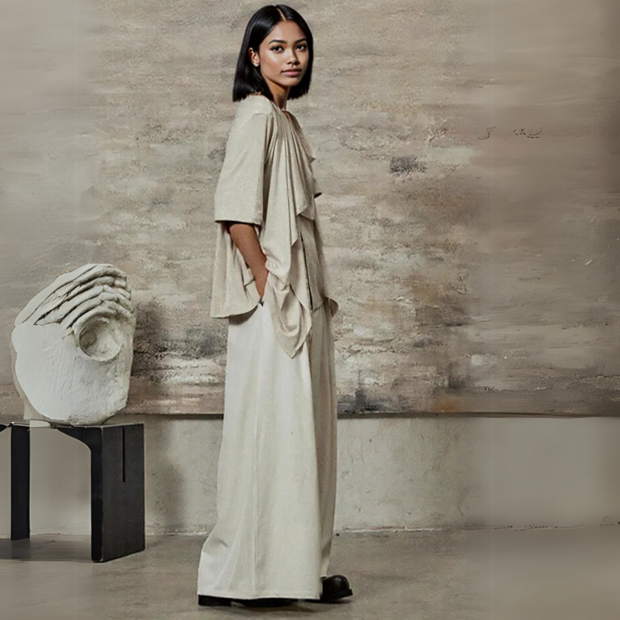 Draped Layered Split-Front Top – Relaxed Fit in Gray, Beige & Brown-SimpleModerne