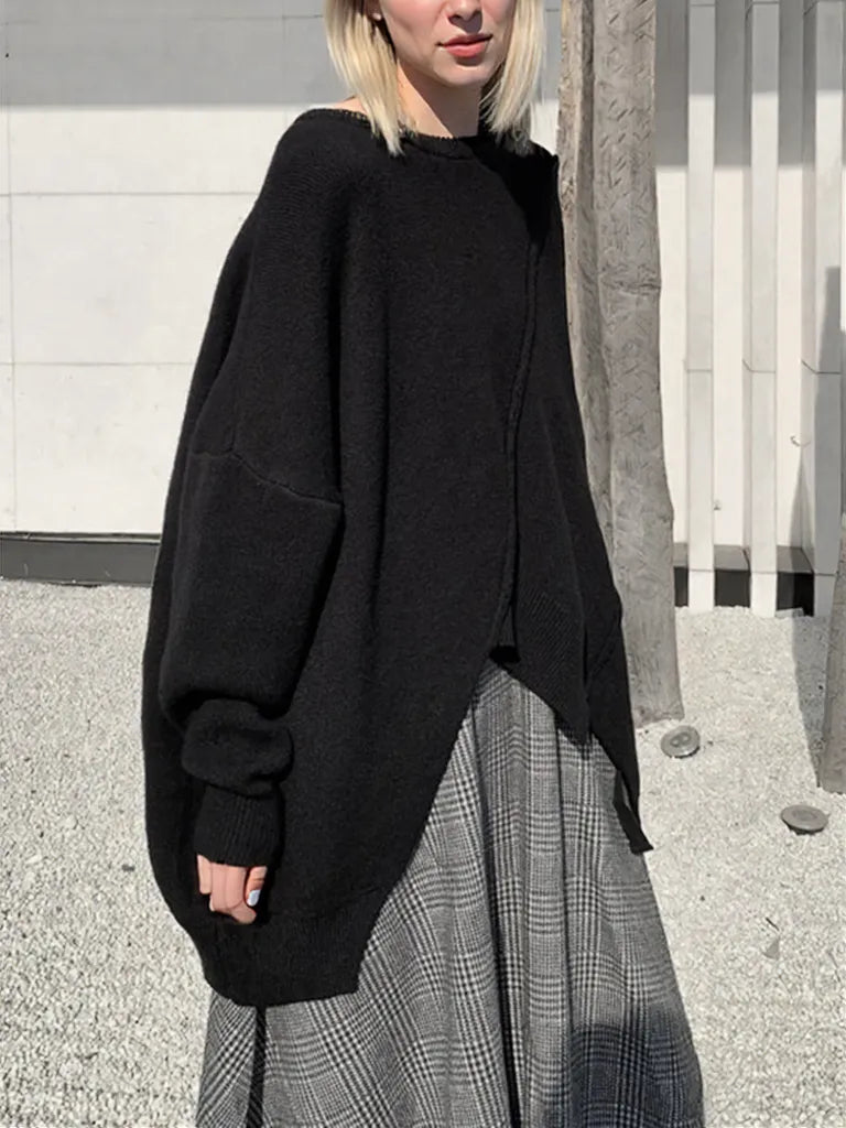 Oversized Black Knit Sweater – Asymmetrical Hem & Raglan Sleeves-SimpleModerne