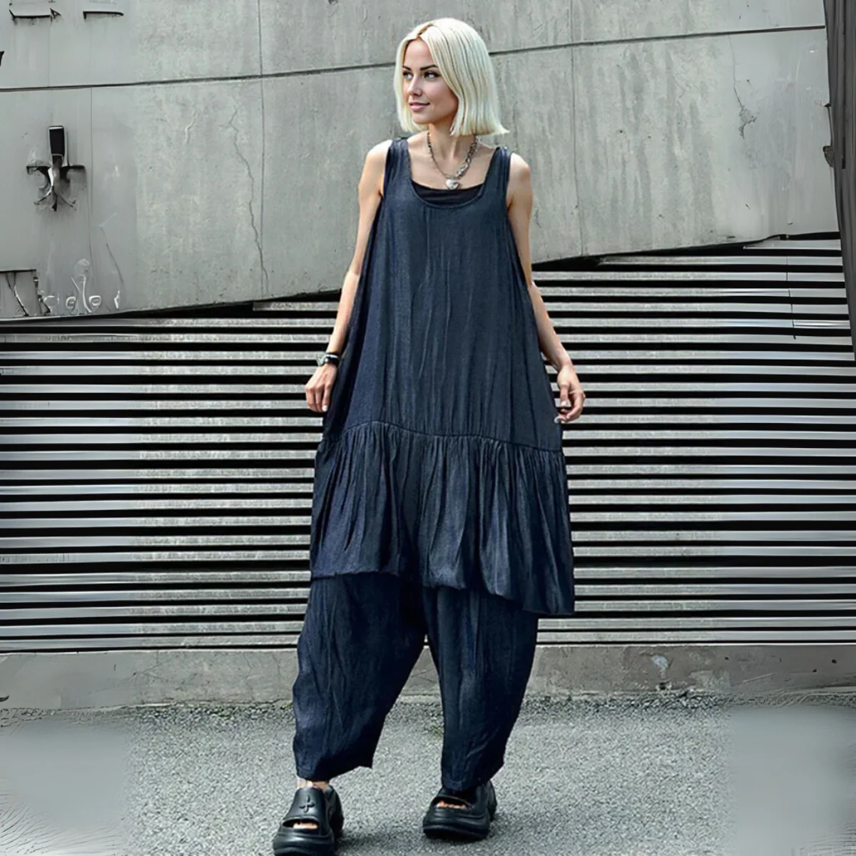 Textured Sleeveless Bubble-Hem Dress – Layered Look in Ink Blue-SimpleModerne