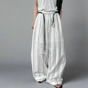 White Striped Wide-Leg Trousers – Cotton Linen Blend with Belt Detail-SimpleModerne