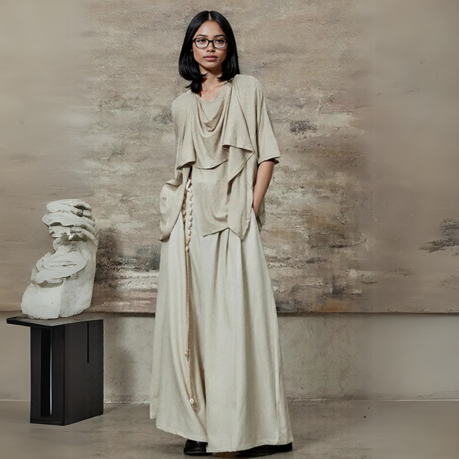 Draped Layered Split-Front Top – Relaxed Fit in Gray, Beige & Brown-SimpleModerne