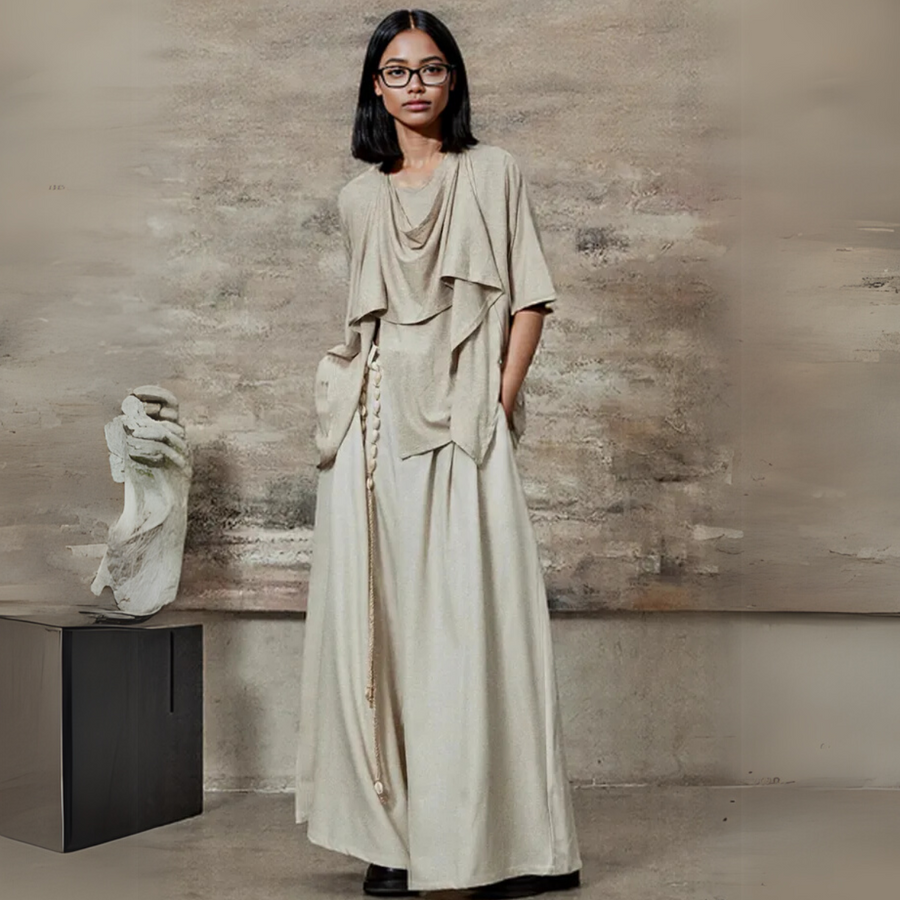 Draped Layered Split-Front Top – Relaxed Fit in Gray, Beige & Brown-SimpleModerne