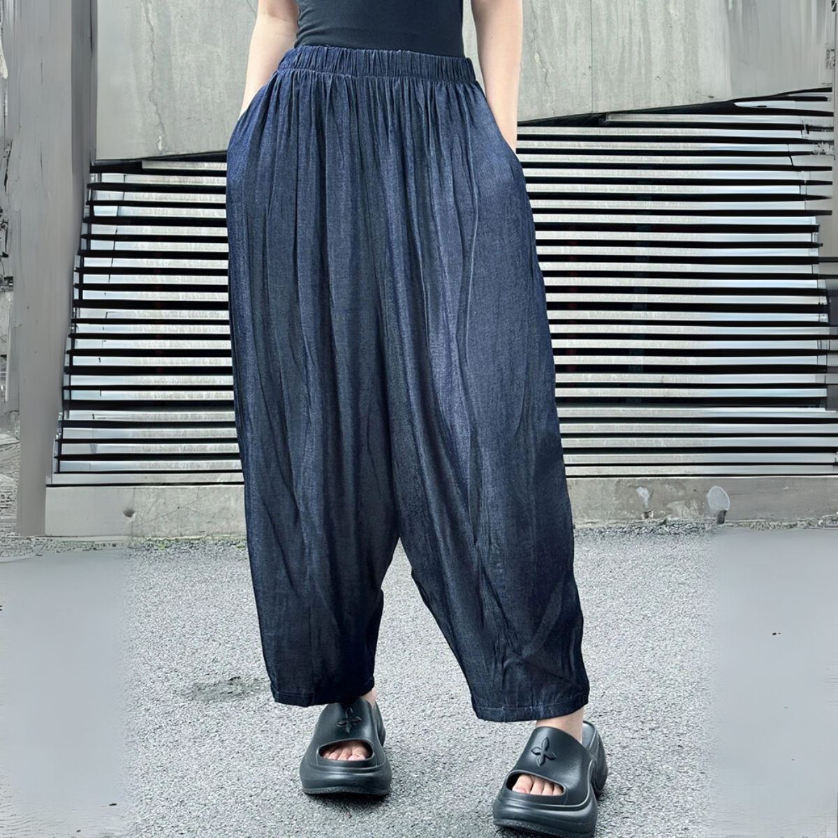 Balloon Trousers – Wide Leg Cropped Fit in Ink Blue-SimpleModerne
