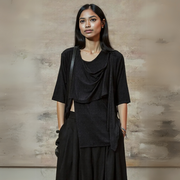 Draped Layered Split-Front Top – Relaxed Fit in Gray, Beige & Brown-SimpleModerne