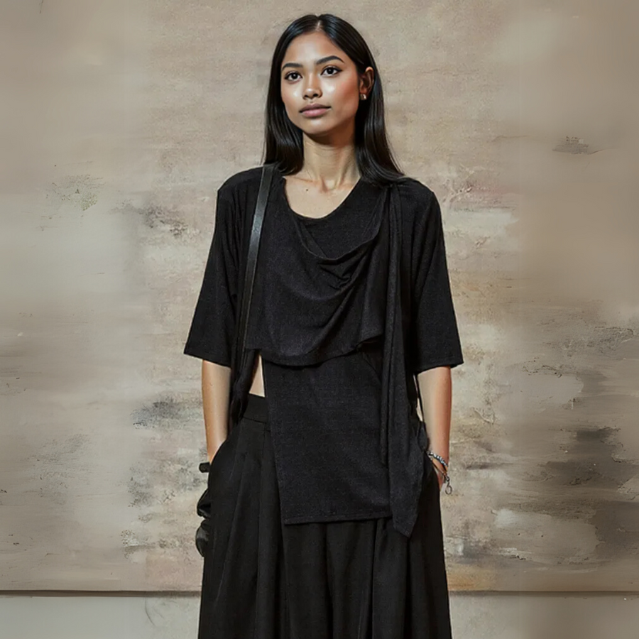 Draped Layered Split-Front Top – Relaxed Fit in Gray, Beige & Brown-SimpleModerne