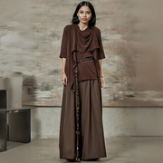 Draped Layered Split-Front Top – Relaxed Fit in Gray, Beige & Brown-SimpleModerne