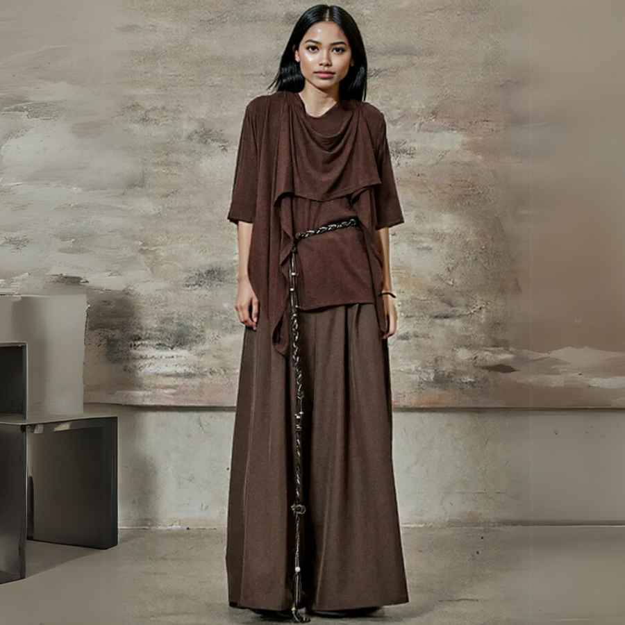 Draped Layered Split-Front Top – Relaxed Fit in Gray, Beige & Brown-SimpleModerne