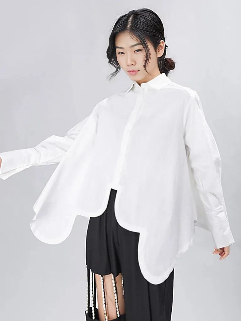 Asymmetrical Hem White Blouse with Unique Cut-SimpleModerne