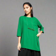 Chic Green Punky Shirt with Asymmetrical Hem and Three-Quarter Sleeves-SimpleModerne