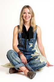 Vintage Oversized Capri Denim Overalls with Floral Print & Distressed Details-SimpleModerne