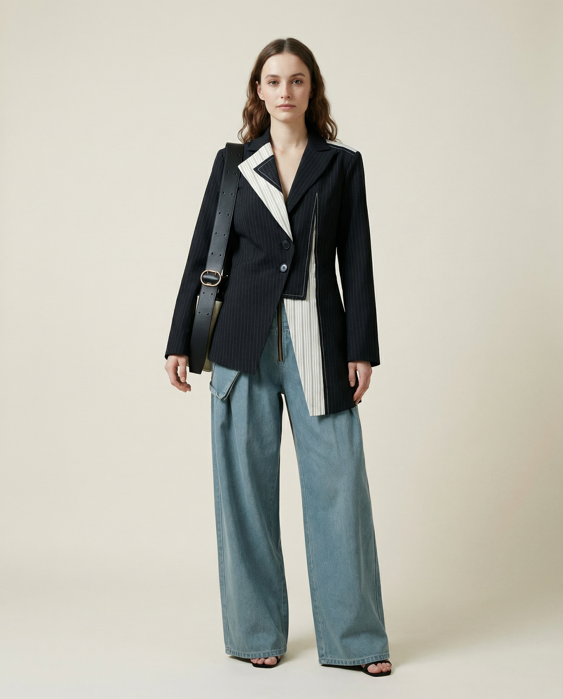 Asymmetrical Navy Blue Pinstripe Blazer with Contrast Panels-SimpleModerne