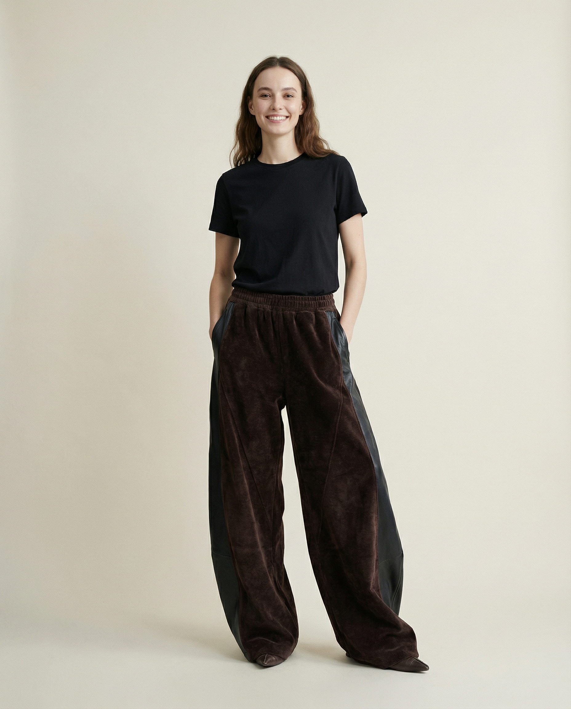 Vegan Leather Patchwork Relaxed Trousers - Coffee Brown & Black-SimpleModerne