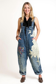 Vintage Oversized Capri Denim Overalls with Floral Print & Distressed Details-SimpleModerne