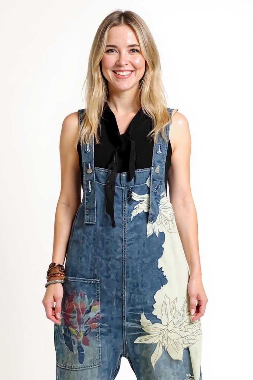 Vintage Oversized Capri Denim Overalls with Floral Print & Distressed Details-SimpleModerne
