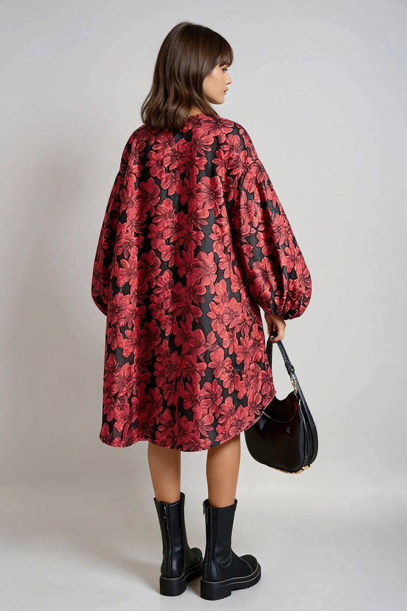Red Floral Lantern Sleeve Asymmetrical Winter Dress – High-Low Pullover Style-SimpleModerne