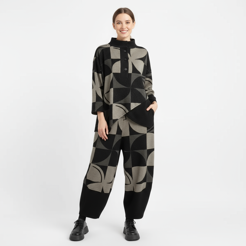 Oversized Geometric Print Two-Piece Set – Relaxed Fit Knit Lounge Wear-SimpleModerne