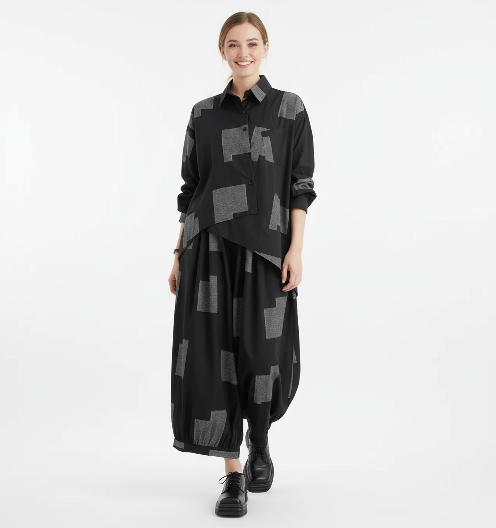 Urban Patchwork Two-Piece Set – Asymmetric Shirt & Wide Capri Pants-SimpleModerne