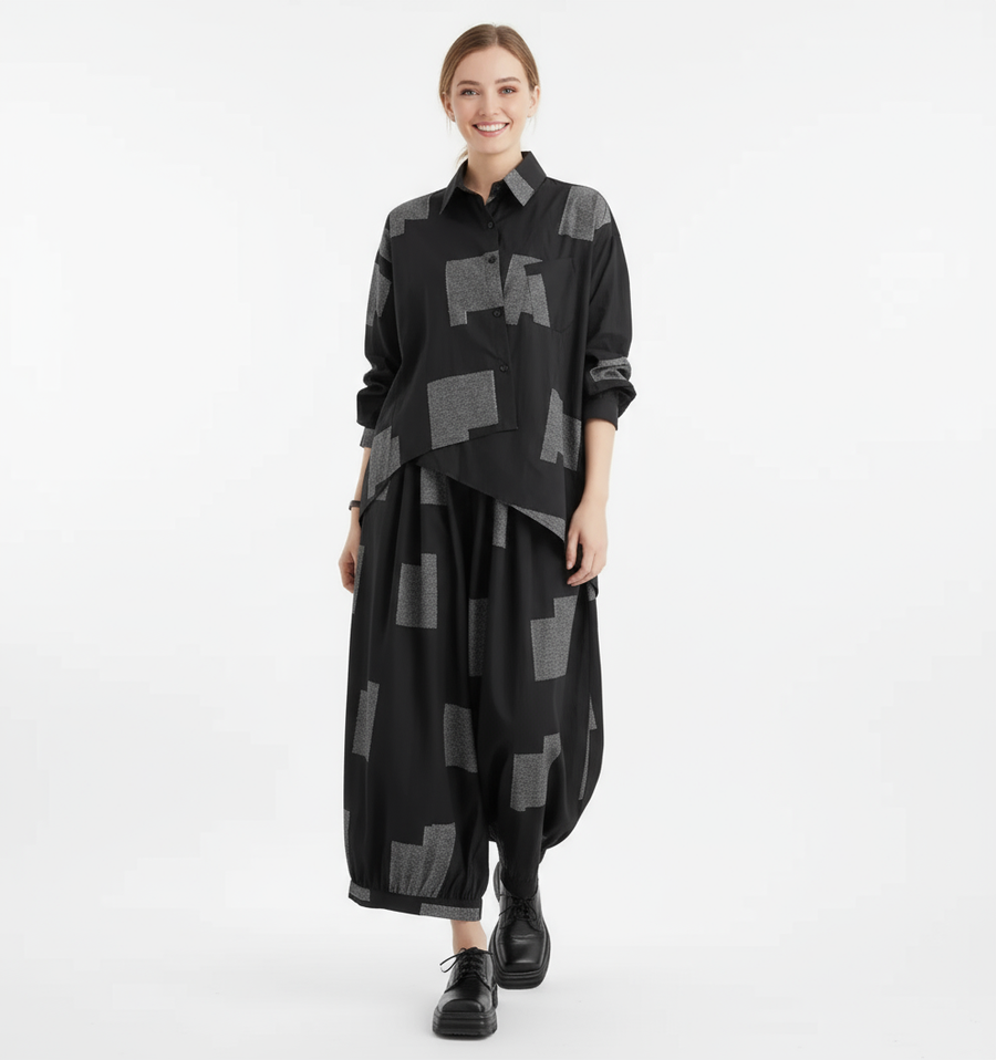Urban Patchwork Two-Piece Set – Asymmetric Shirt & Wide Capri Pants-SimpleModerne