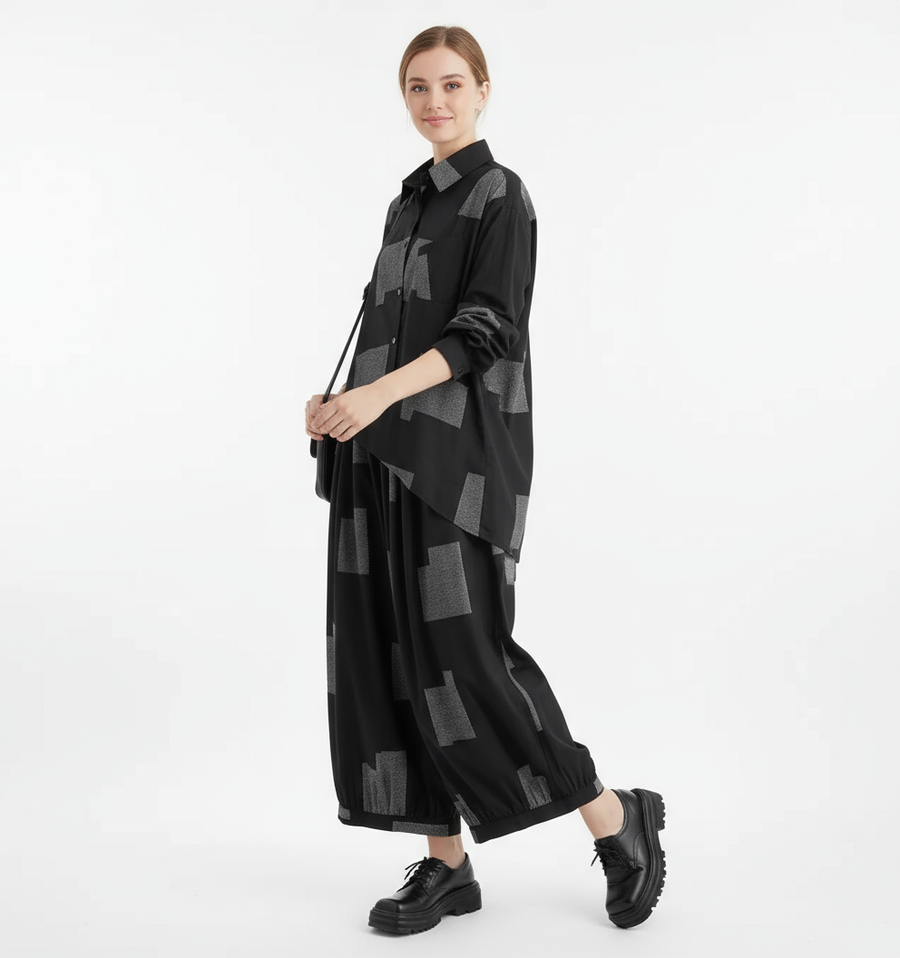 Urban Patchwork Two-Piece Set – Asymmetric Shirt & Wide Capri Pants-SimpleModerne