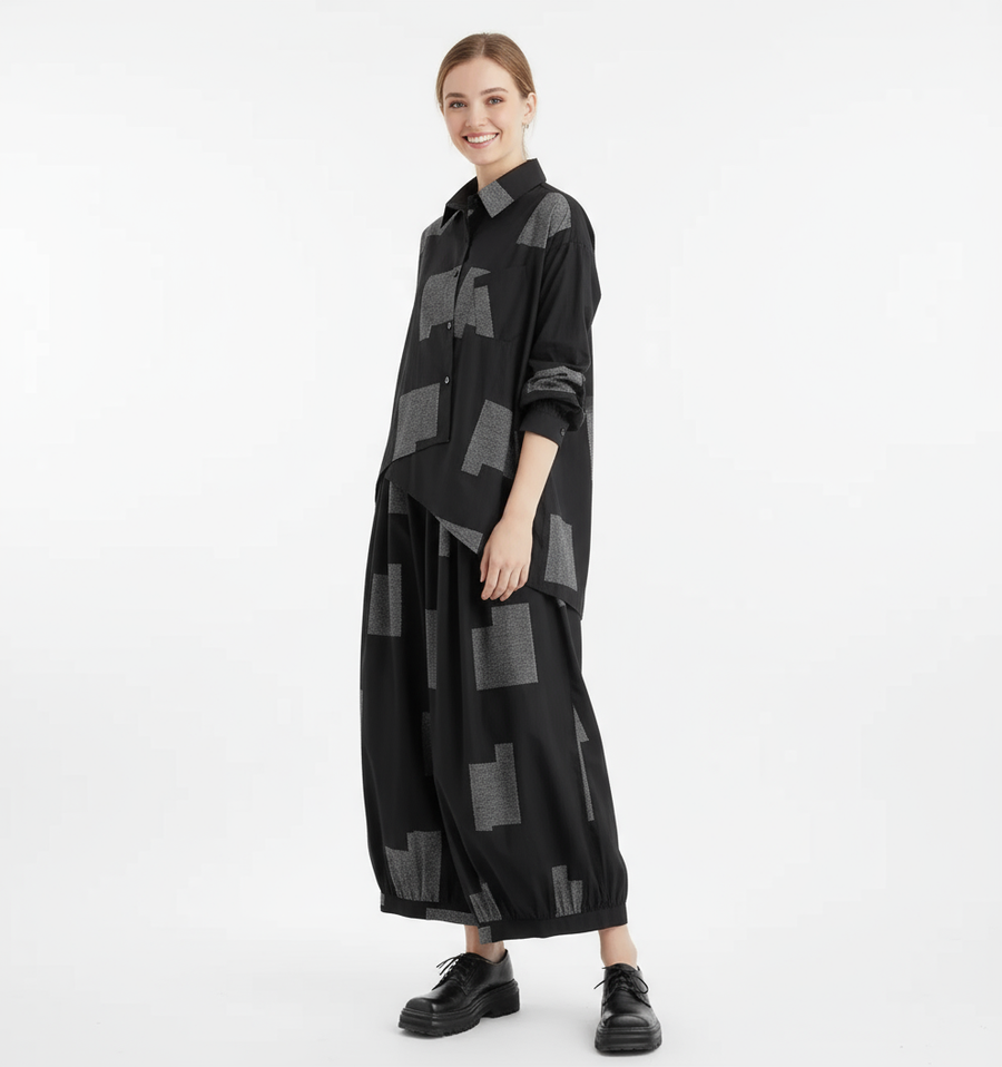 Urban Patchwork Two-Piece Set – Asymmetric Shirt & Wide Capri Pants-SimpleModerne