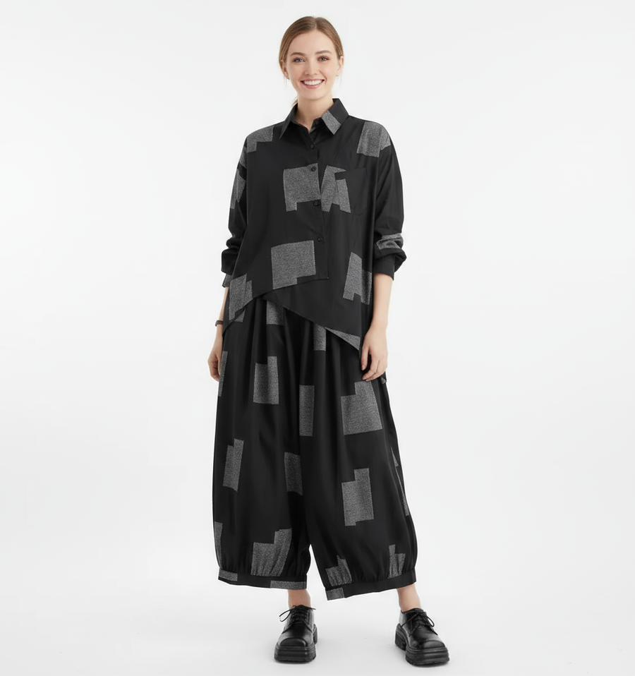 Urban Patchwork Two-Piece Set – Asymmetric Shirt & Wide Capri Pants-SimpleModerne
