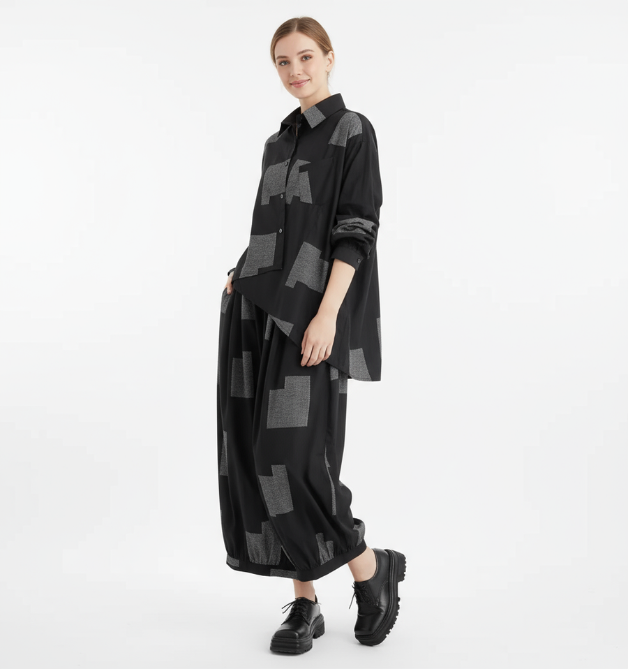 Urban Patchwork Two-Piece Set – Asymmetric Shirt & Wide Capri Pants-SimpleModerne