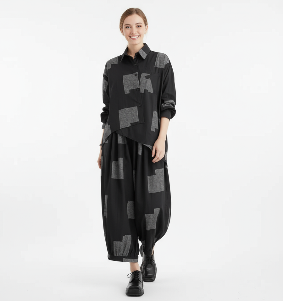 Urban Patchwork Two-Piece Set – Asymmetric Shirt & Wide Capri Pants-SimpleModerne