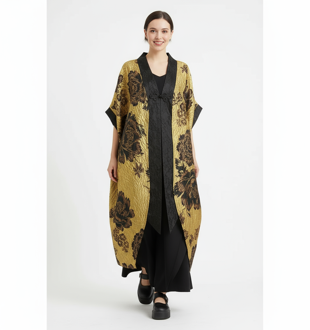 Golden Hour Crinkled Floral Cape Kimono – Dramatic Vintage Glamour-SimpleModerne