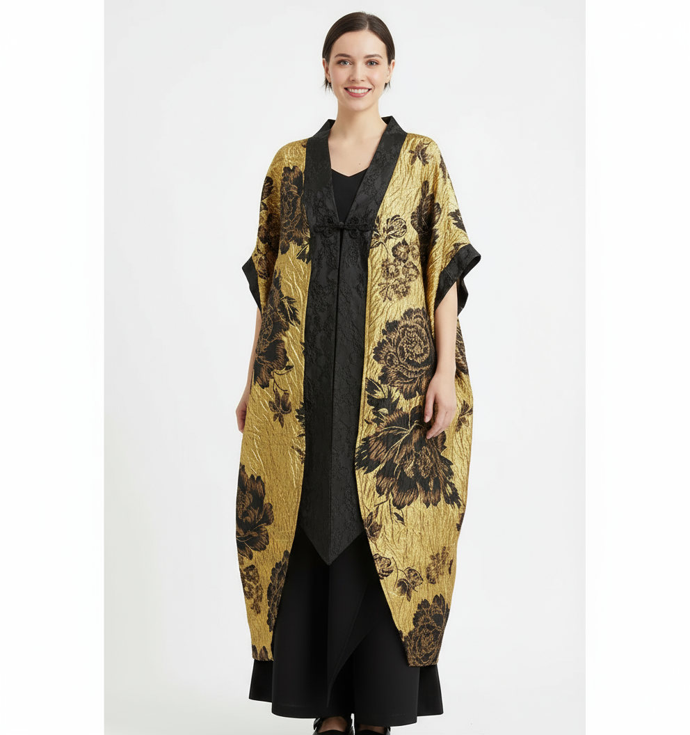 Golden Hour Crinkled Floral Cape Kimono – Dramatic Vintage Glamour-SimpleModerne