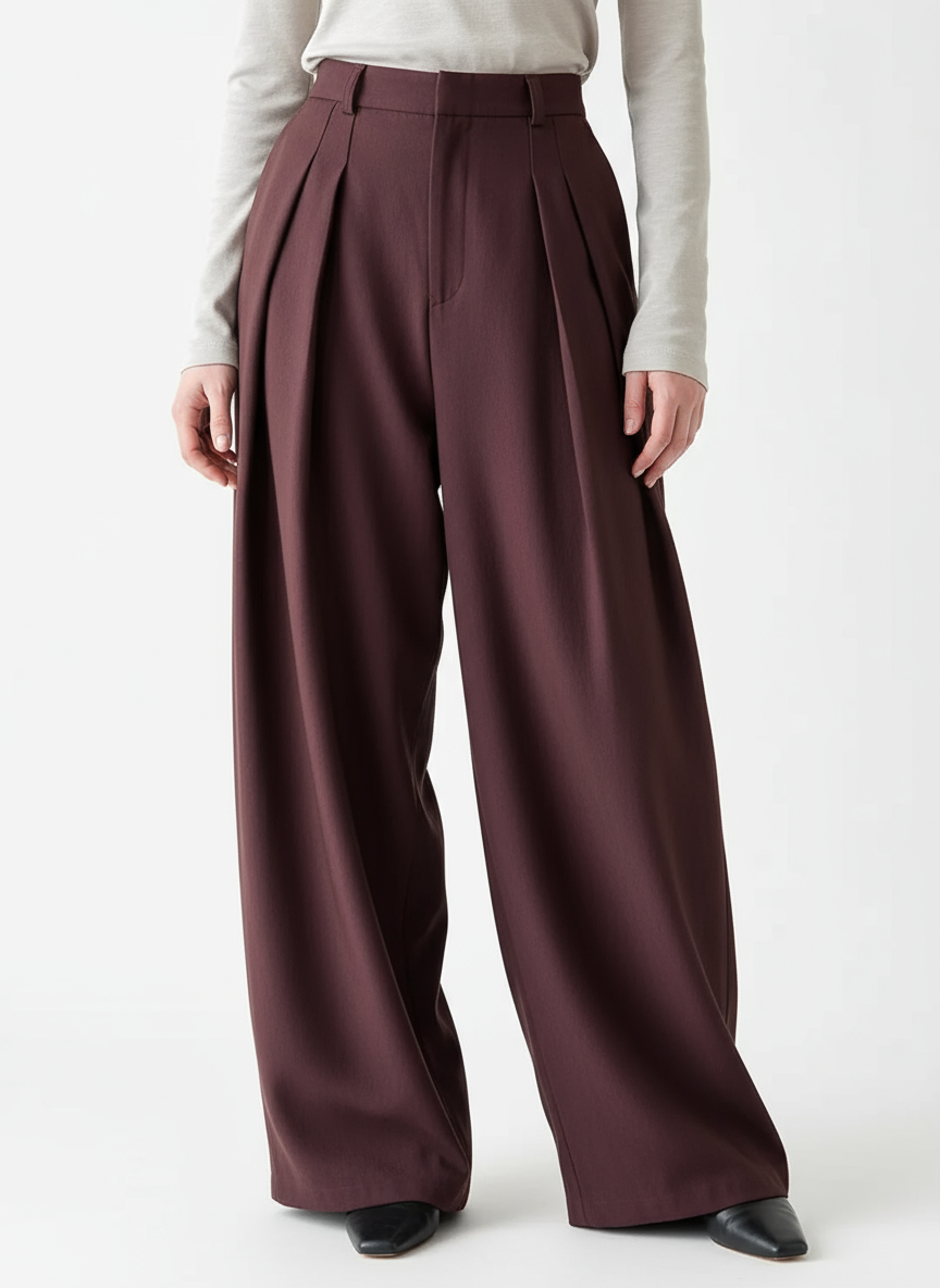 Sculpted Drape Wide-Leg Trousers – Gray or Wine Red-SimpleModerne