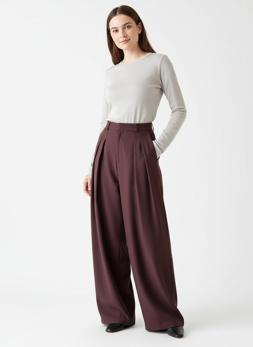 Sculpted Drape Wide-Leg Trousers – Gray or Wine Red-SimpleModerne