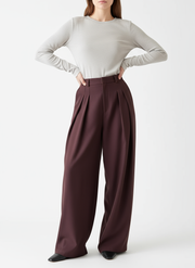 Sculpted Drape Wide-Leg Trousers – Gray or Wine Red-SimpleModerne