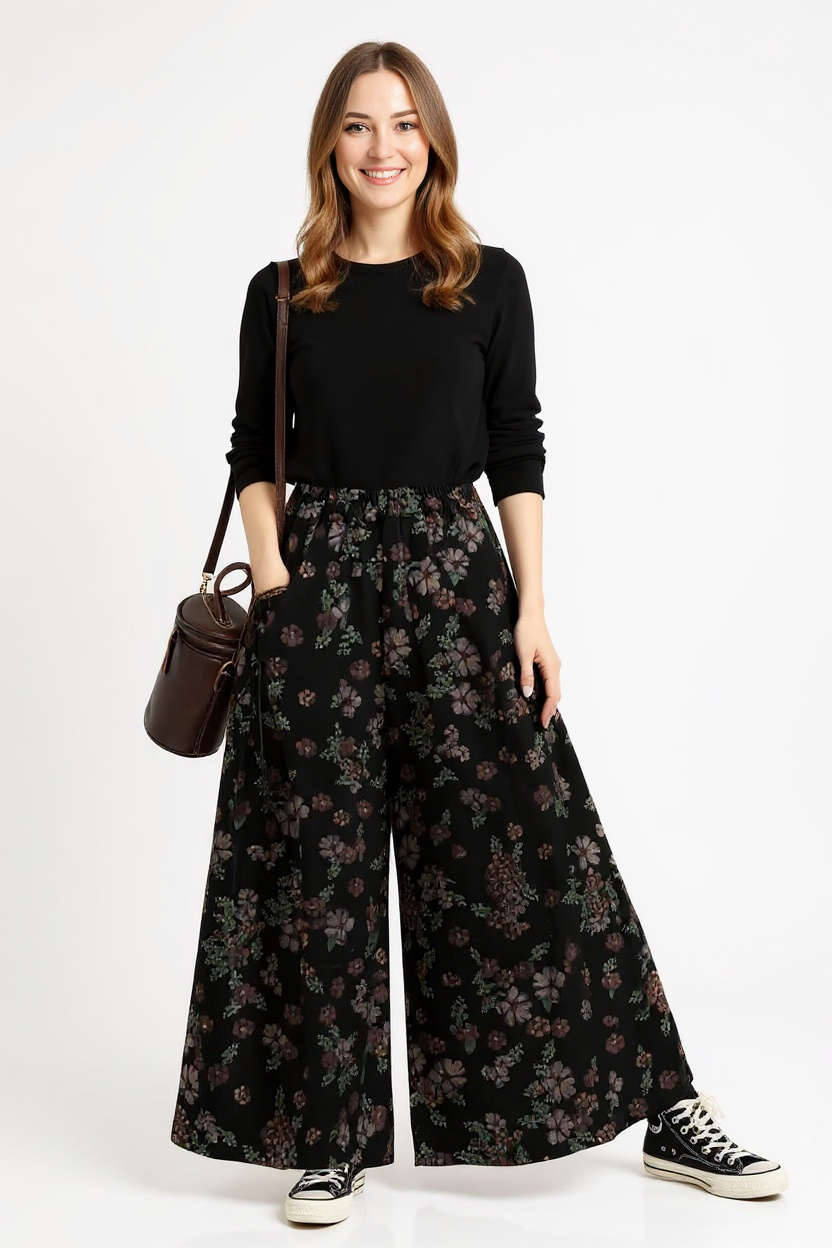 Floral Wide-Leg Trousers – Vintage Punk Vibes-SimpleModerne