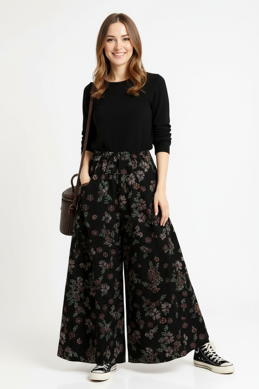 Floral Wide-Leg Trousers – Vintage Punk Vibes-SimpleModerne